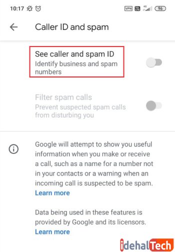 گزینه see caller and spam id را غیر فعال کنید