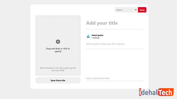 صفحه ایجاد پین برای آپلود فیلم در پینترست