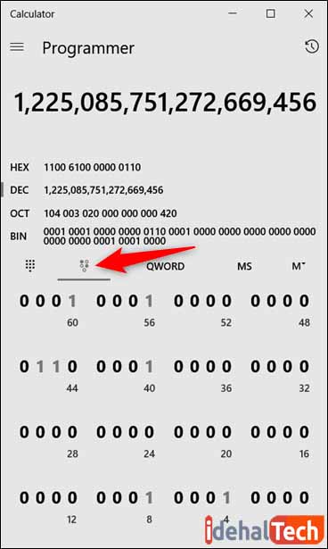 ماشین حساب برنامه نویسی ویندوز 10 -محاسبه اعداد صحیح 16 تا 64 بیتی
