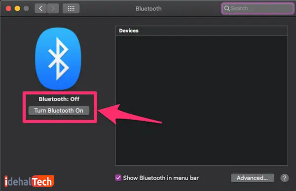 در صفحه‌ System Prefrences روی گزینه‌ “Turn Bluetooth On” در سمت چپ کلیک کنید