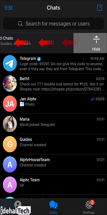 کشیدن پوشه پوشه‌ی Archived Chats به سمت چپ