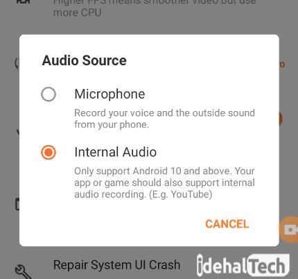 گزینه internal audio را انتخاب کنید