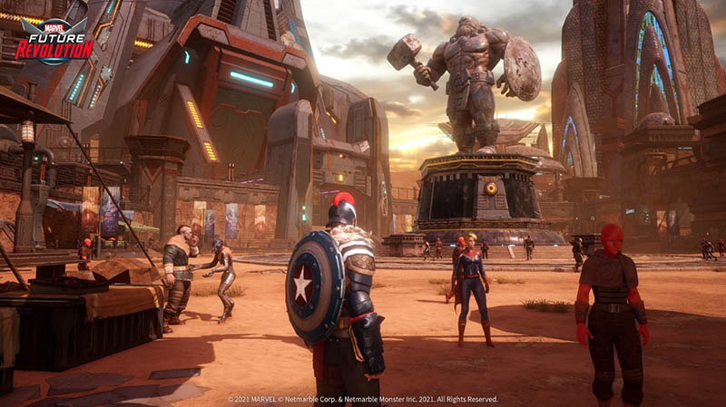 صحنه ای از بازی Marvel Future Revolution و مجسمه بزرگی که شبیه یکی از شخصیت های مرول است و یک چکش در دست دارد